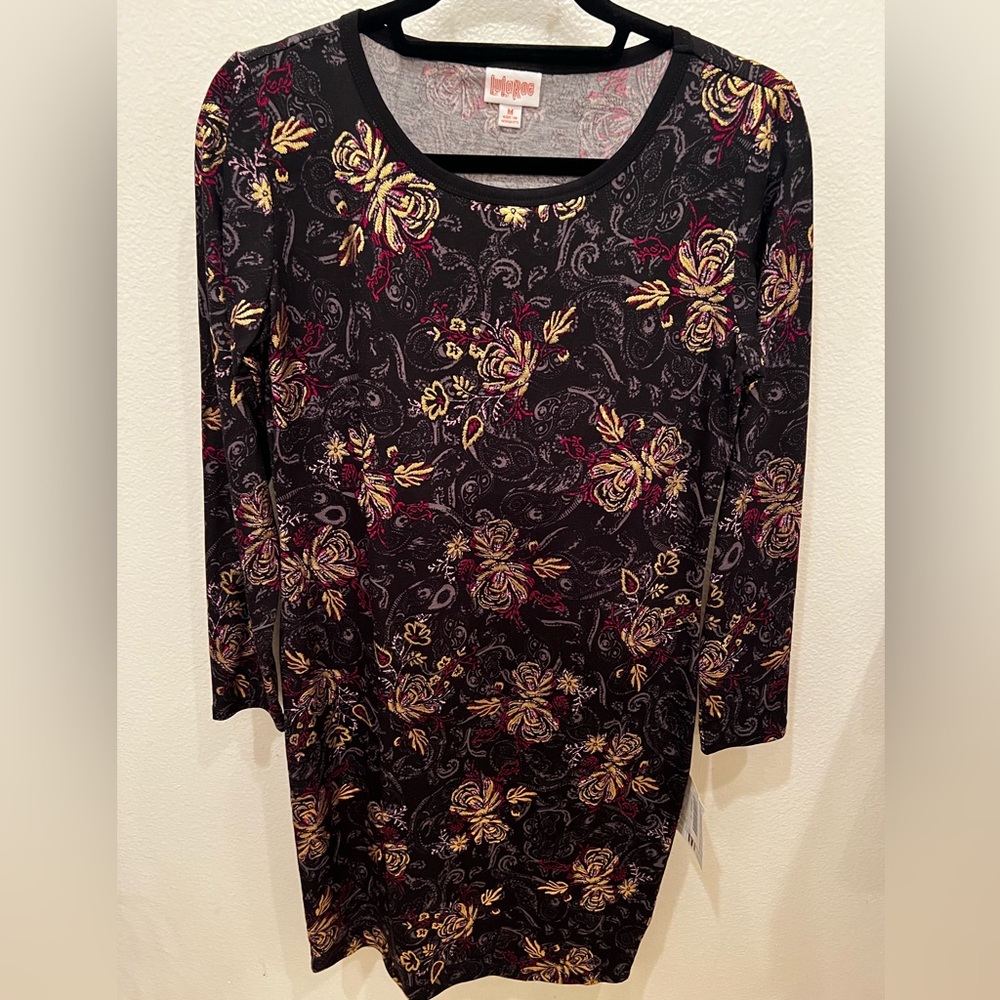 BRAND NEW Black fitted dress with wine & gold floral detail.